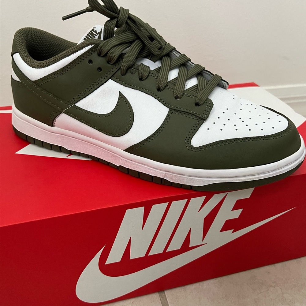 White/olive low Nike dunks